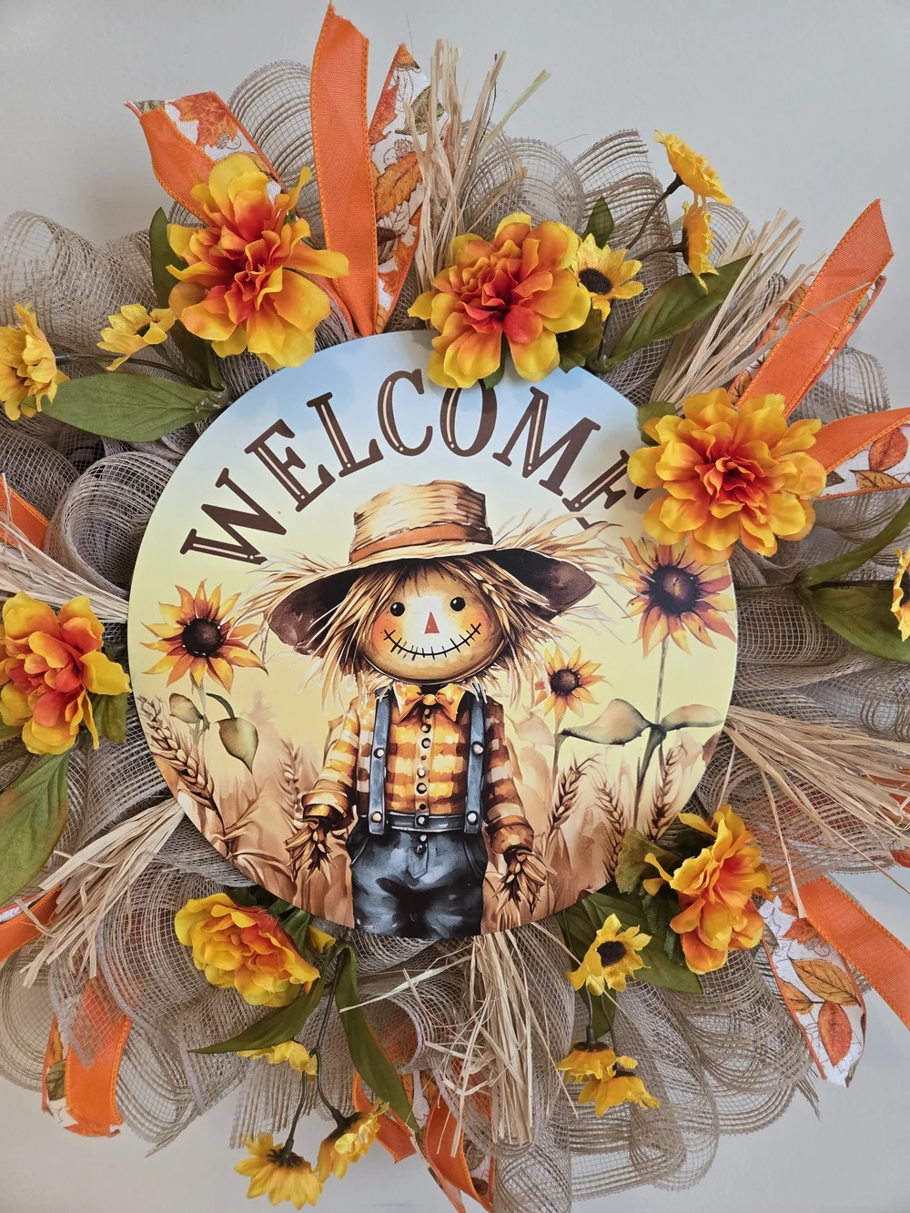 Autumn Welcome Fall Scarecrow Wreath with Orange & Yellow Blooms
